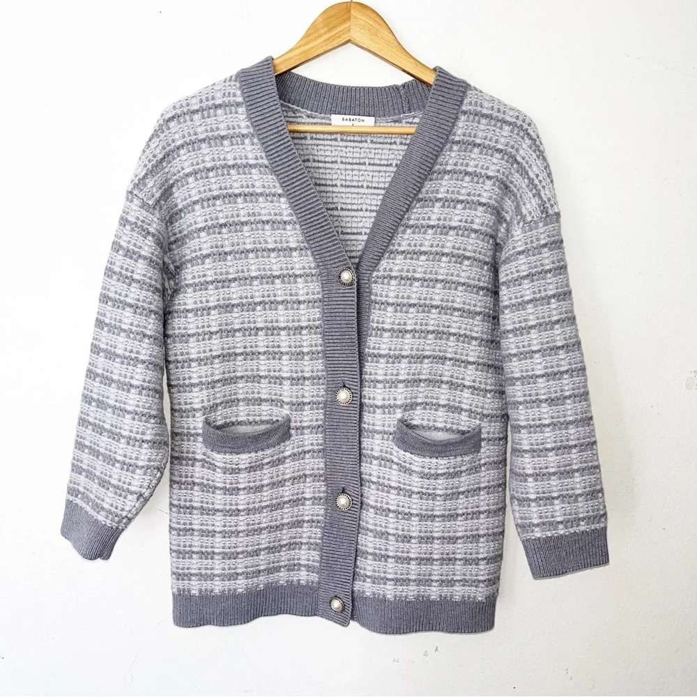 Aritzia | Babaton 100% Merino Wool Lacer Grey/White Cardigan Size S